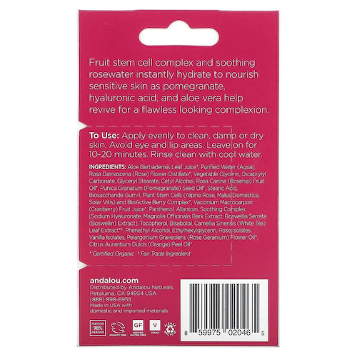 Andalou Naturals, мгновенное успокоение, маска лица с розовой водой 1000 Roses, 8 г (0,28 унции) #1