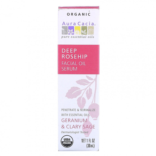 Aura Cacia, Органическая сыворотка для лица с эфирным маслом шиповника, герань и шалфей, 1 жидкая унция (30 мл) #1