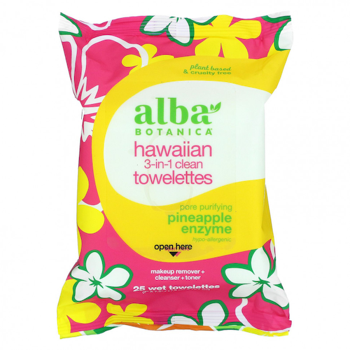 Alba Botanica, гавайские влажные салфетки «3 в 1» с ананасовым ферментом, 25 штук #1