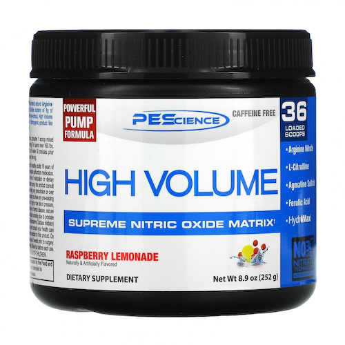 PEScience, High Volume, добавка с оксидом азота, без кофеина, малиновый лимонад, 252 г (8,9 унции) #1