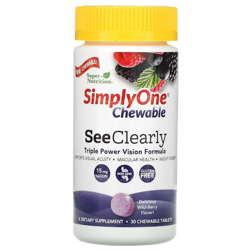 Super Nutrition, SimplyOne, добавка тройного действия для улучшения зрения, вкус лесных ягод, 30 жевательных таблеток #1