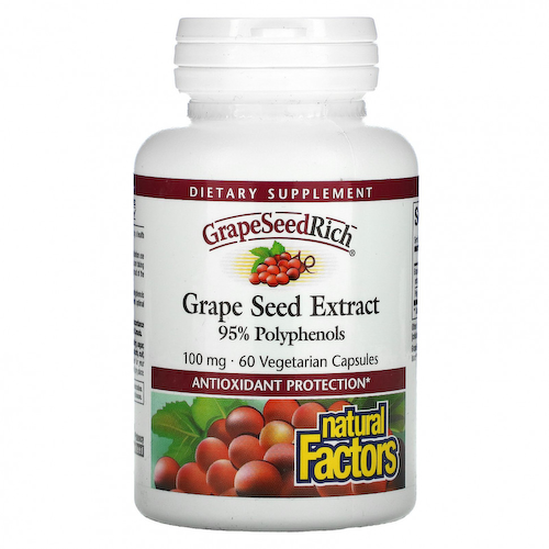 Natural Factors, экстракт косточек винограда, 100 мг, 60 растительных капсул #1
