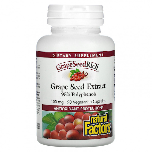 Natural Factors, GrapeSeedRich, экстракт виноградных косточек, 100 мг, 90 вегетарианских капсул #1