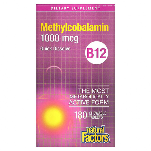 Natural Factors, B12, метилкобаламин, 1000 мкг, 180 жевательных таблеток #1