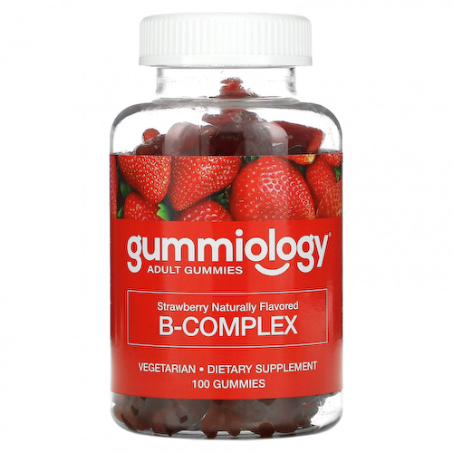 Gummiology, жевательные таблетки с комплексом витаминов B, без желатина, с натуральным клубничным вкусом, 100 вегетарианских жевательных таблеток #1