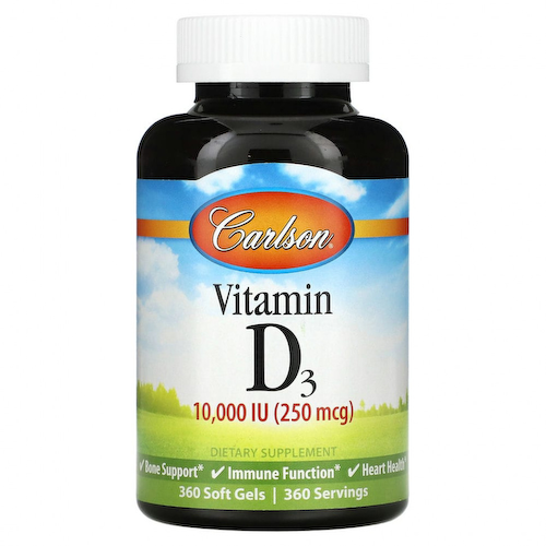 Carlson Labs, витамин D3, 10000 МЕ (250 мкг), 360 мягких таблеток #1
