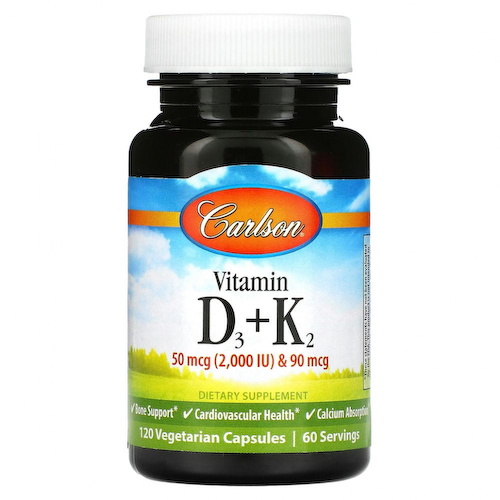 Carlson, Витамин D3 и K2, 50 мкг (2000 МЕ) и 90 мкг, 120 вегетарианских капсул #1