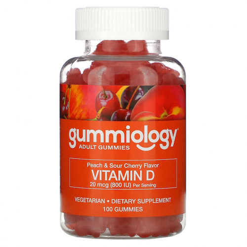 Gummiology, жевательный витамин D3 для взрослых, без желатина, со вкусом персика и вишни, 100 вегетарианских жевательных таблеток #1