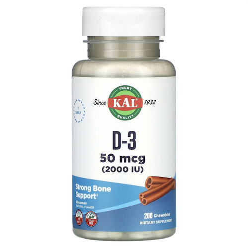 KAL, D-3, корица, 50 мкг (2000 МЕ), 200 жевательных таблеток #1