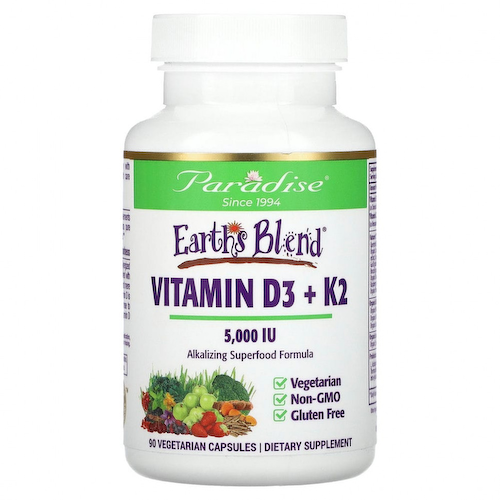 Paradise Herbs, Earth's Blend, витамины D3 и K2, 5000 МЕ, 90 вегетарианских капсул #1