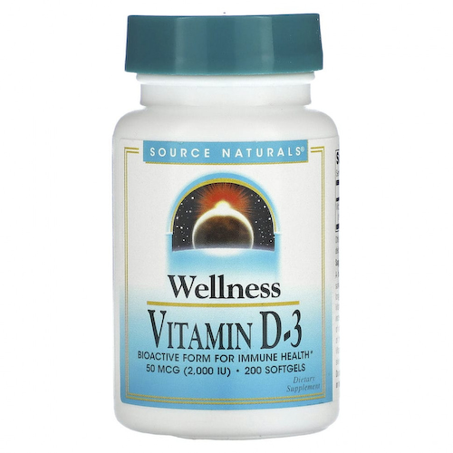 Source Naturals, Wellness, витамин D3, 50 мкг (2000 МЕ), 200 мягких таблеток #1