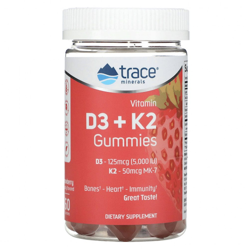 Trace Minerals ®, Жевательные мармеладки с витамином D3 и K2, с клубникой, 60 жевательных таблеток #1