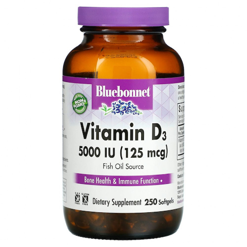 Bluebonnet Nutrition, витамин D3, 125 мкг (5000 МЕ), 250 капсул #1