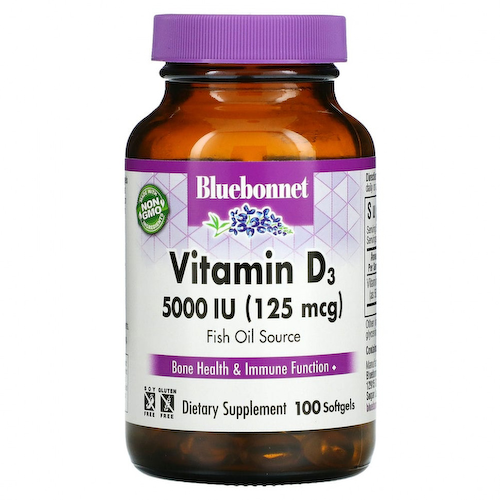 Bluebonnet Nutrition, витамин D3, 125 мкг (5000 МЕ), 100 мягких таблеток #1