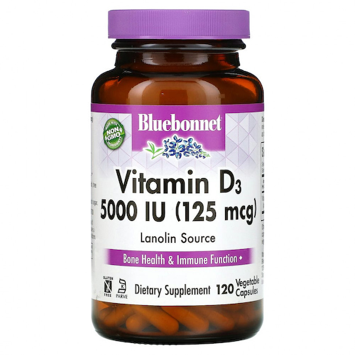 Bluebonnet Nutrition, Витамин D3, 5000 МЕ, 120 растительных капсул #1