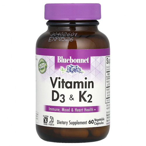 Bluebonnet Nutrition, витамины D3 и K2, 60 вегетарианских капсул #1