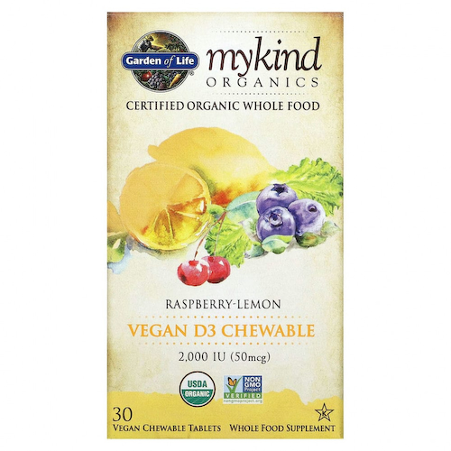 Garden of Life, MyKind Organics, веганский витамин D3, со вкусом малины и лимона, 2000 МЕ, 30 вегетарианских жевательных таблеток #1