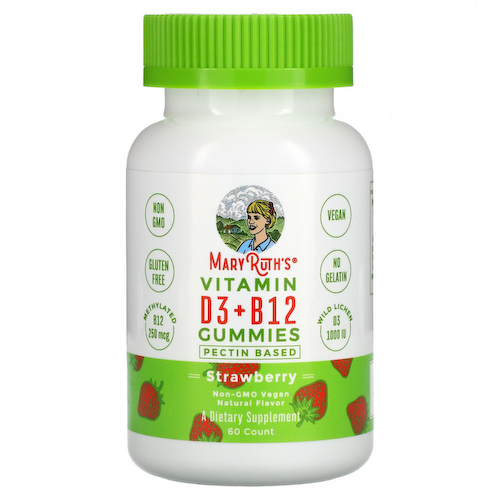 MaryRuth Organics, Жевательные мармеладки с витаминами D3 и B12, на основе пектина, клубника, 60 жевательных таблеток #1