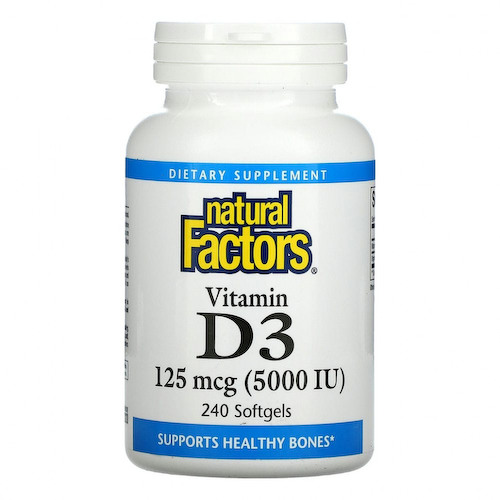 Natural Factors, Витамин D3, 125 мкг (5000 МЕ), 240 мягких таблеток #1