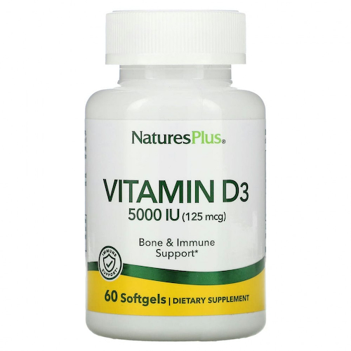 NaturesPlus, витамин D3, 125 мкг (5000 МЕ), 60 мягких таблеток #1