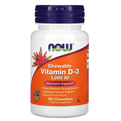NOW Foods, жевательный витамин D3, натуральный фруктовый вкус, 1000 МЕ, 180 жевательных таблеток #1