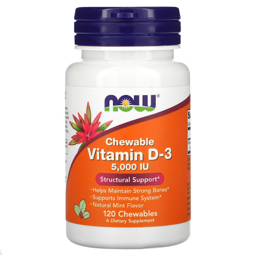NOW Foods, жевательный витамин D3, натуральный мятный вкус, 5000 МЕ, 120 жевательных таблеток #1