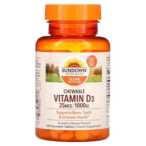 Sundown Naturals, Жевательный витамин D3 со вкусом клубники и банана, 25 мг (1000 МЕ), 120 жевательных таблеток #1