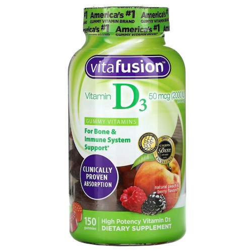 VitaFusion, витамин D3, с натуральным вкусом персика и ягод, 25 мкг (1000 МЕ), 150 жевательных таблеток #1