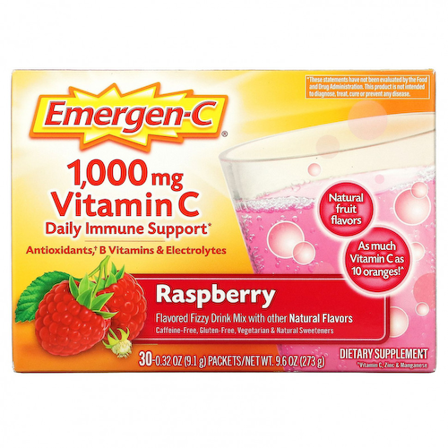 Emergen-C, Витамин С, смесь для газированных напитков со вкусом малины, 1000 мг, 30 пакетиков весом 9,1 г (0,32 унции) каждый #1