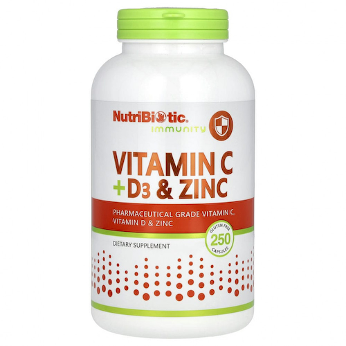 NutriBiotic, Immunity, витамины C + D3 и цинк, 250 капсул #1