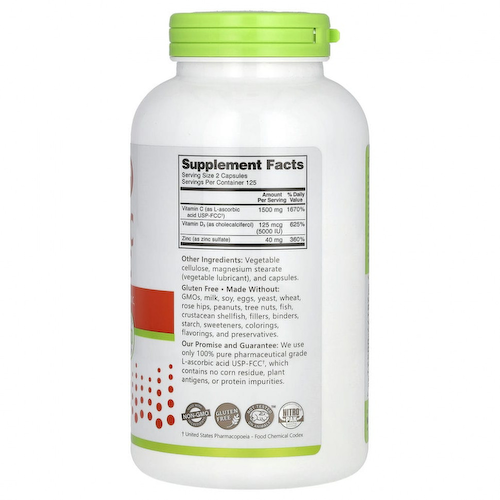 NutriBiotic, Immunity, витамины C + D3 и цинк, 250 капсул #1