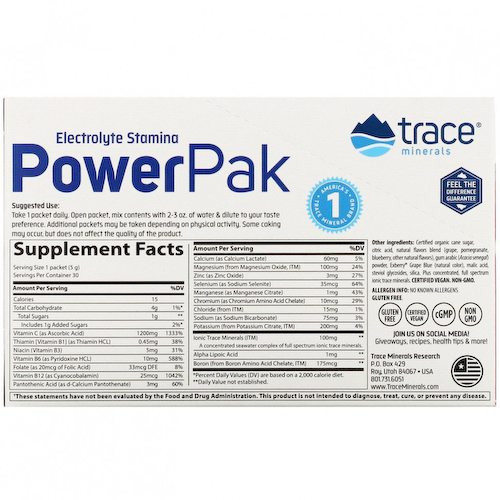 Trace Minerals ®, электролит для повышения выносливости, PowerPak, со вкусом граната и черники, 30 пакетиков по 5 г (0,18 унции) #1