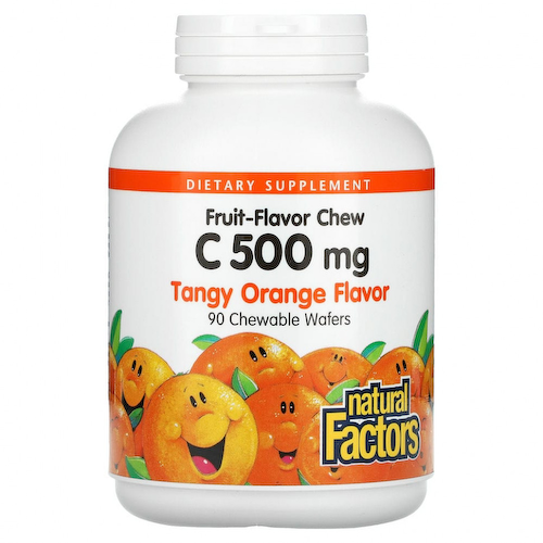Natural Factors, Жевательный витамин C со вкусом фруктов, пикантный апельсин, 500 мг, 90 жевательных вафель #1