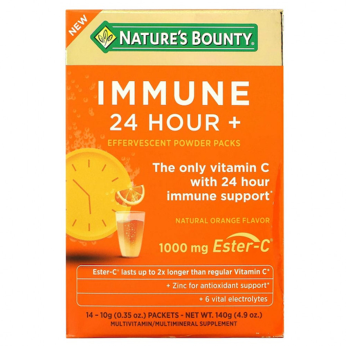 Nature's Bounty, Immune 24 Hour + шипучий порошок в пакетиках, натуральный апельсин, 14 пакетиков по 10 г (0,35 унции) каждый #1
