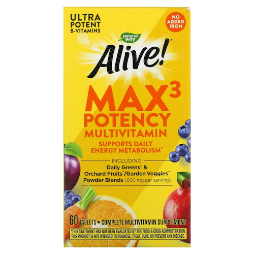 Nature's Way, Alive! Max3 Potency, мультивитамины повышенной эффективности, без добавления железа, 60 таблеток #1
