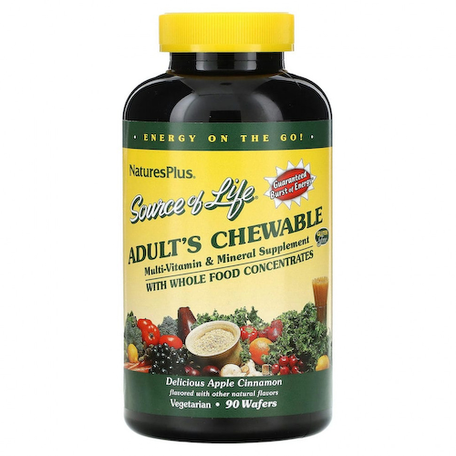 NaturesPlus, Source of Life, жевательная мультивитаминная и минеральная добавка для взрослых, вкусное яблоко и корица, 90 вафель #1