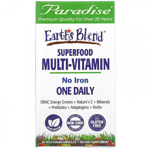 Paradise Herbs, Earth's Blend, ежедневные мультивитамины из суперпродуктов, без железа, 30 вегетарианских капсул #1