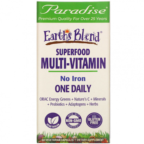 Paradise Herbs, Earth's Blend, ежедневные мультивитамины из суперпродуктов, без железа, 60 вегетарианских капсул #1