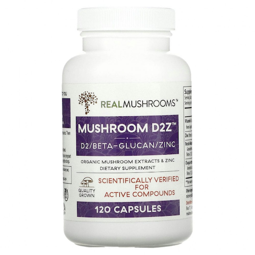 Real Mushrooms, Mushroom D2Z, D2 / бета-глюкан / цинк, 120 капсул #1
