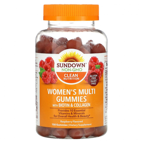 Sundown Naturals, Мультивитамины для женщин с биотином и коллагеном, малина, 150 жевательных таблеток #1