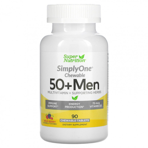 Super Nutrition, SimplyOne, мультивитамины и полезные травы для мужчин старше 50 лет, вкус лесных ягод, 90 жевательных таблеток #1