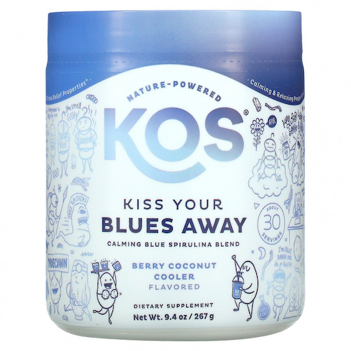 KOS, Kiss Your Blues Away, успокаивающая смесь синей спирулины, ягодно-кокосовый орех, 267 г (9,4 унции) #1