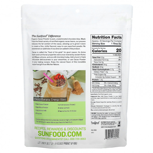 Sunfood, Органический какао-порошок, 227 г (8 унций) #1