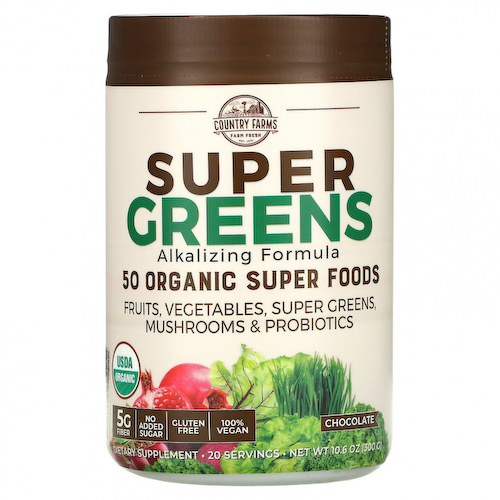 Country Farms, Super Greens, формула с подщелачивающими травами, со вкусом шоколада, 300 г (10,6 унции) #1