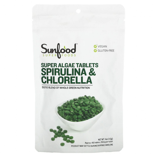 Sunfood, спирулина и хлорелла, таблетки с суперводорослями, 250 мг, 456 таблеток #1
