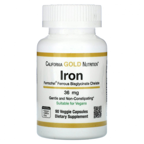 California Gold Nutrition, Ferrochel, железо (бисглицинат), 36 мг, 90 растительных капсул #1