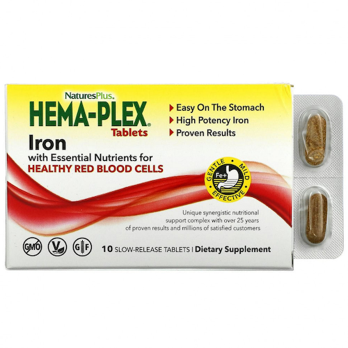NaturesPlus, Hema-Plex, железо с незаменимыми питательными веществами для здоровых эритроцитов, 10 таблеток с замедленным высвобождением #1