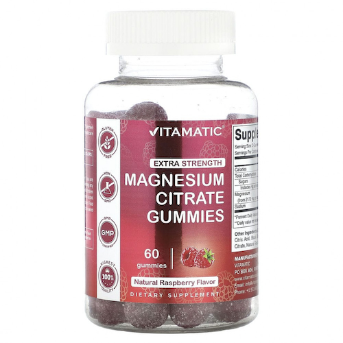 Vitamatic, Жевательные мармеладки с цитратом магния, усиленная сила, натуральная малина, 60 жевательных таблеток #1