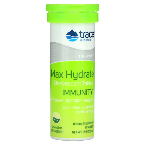 Trace Minerals ®, Max Hydrate Immunity, шипучие таблетки для пополнения электролито, со вкусом лимона и лайма, 10 таблеток, 45 г (1,59 унции) #1