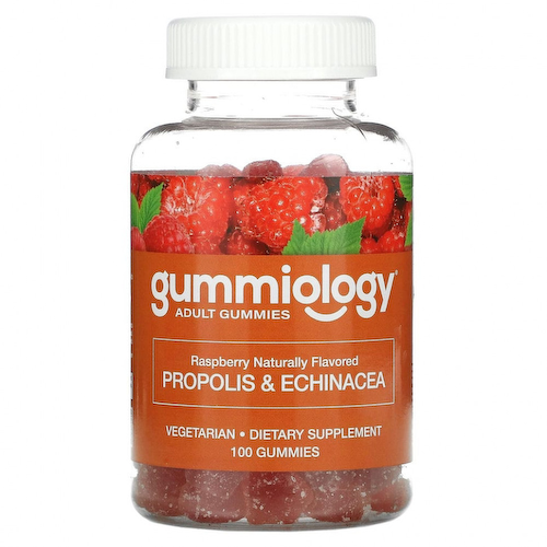 Gummiology, прополис с эхинацеей для взрослых в жевательных таблетках, с натуральным вкусом малины, 100 вегетарианских жевательных таблеток #1